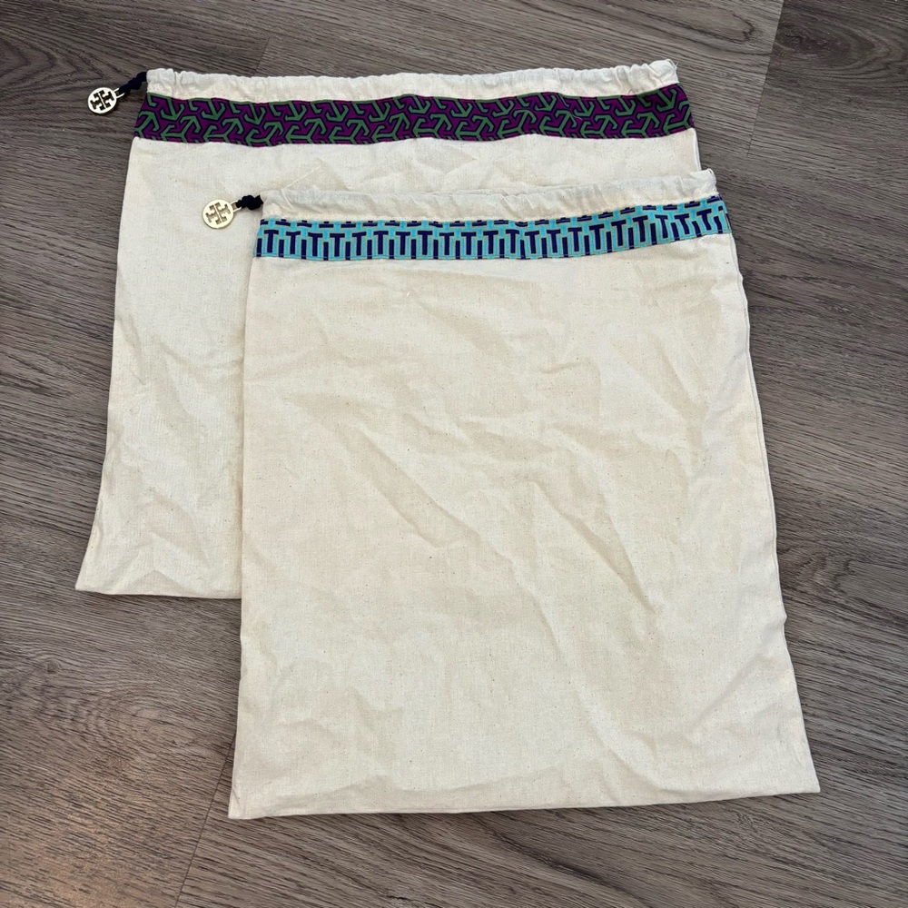 Set of 2 Tory Burch drawstring dust bags, canvas with gold charm